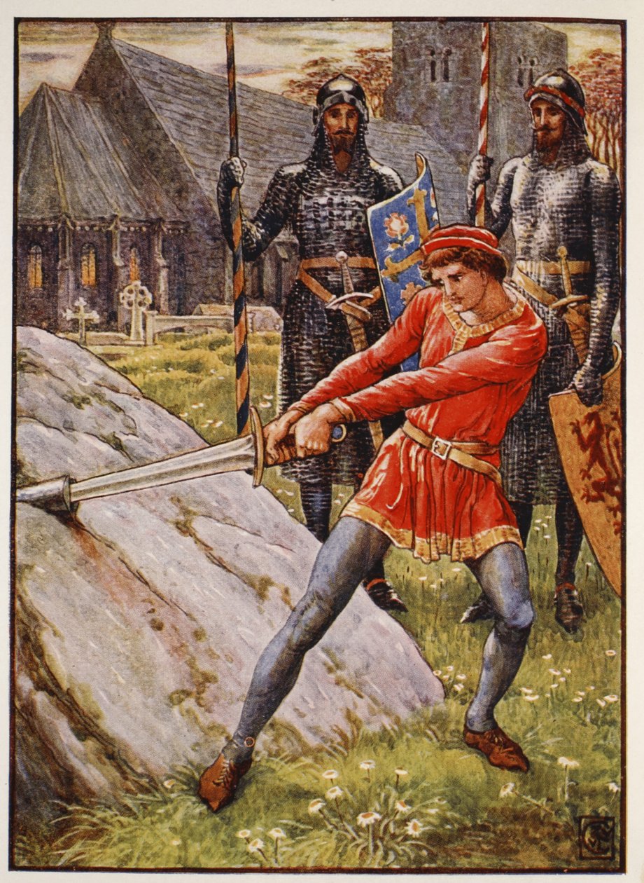 Arthur drar svärdet från stenen, frontispicen "Stories of the Knights of the Round Table" av Henry Gilbert, första upplagan, 1911 av Walter Crane