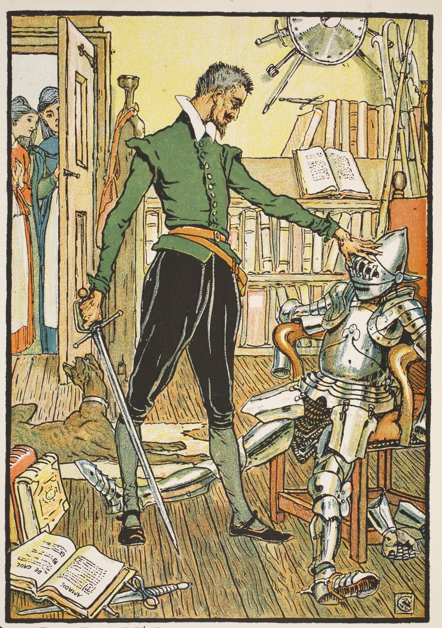 Don Quijote testar sin hjälm, illustration från "Don Quijote of the Mancha" återberättad av Judge Parry, pub. Blackie und Son Ltd, London, 1900 av Walter Crane