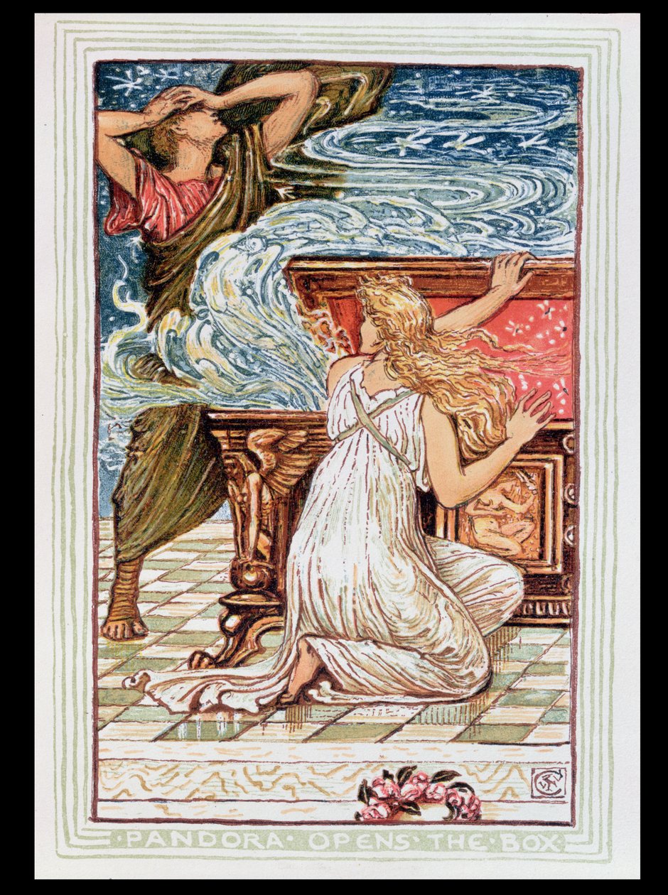 Pandora öppnar lådan, illustration till "The Greek Mythological Legend", publicerad 1910 av Walter Crane
