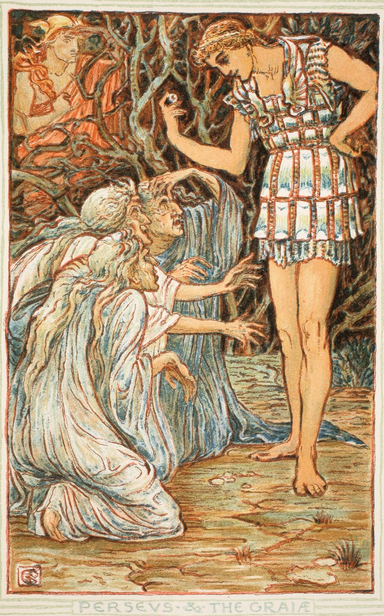 Perseus och Graia, illustration från Nathanial Hawthornes "A Wonder-Book for Girls and Boys", 1852. av Walter Crane