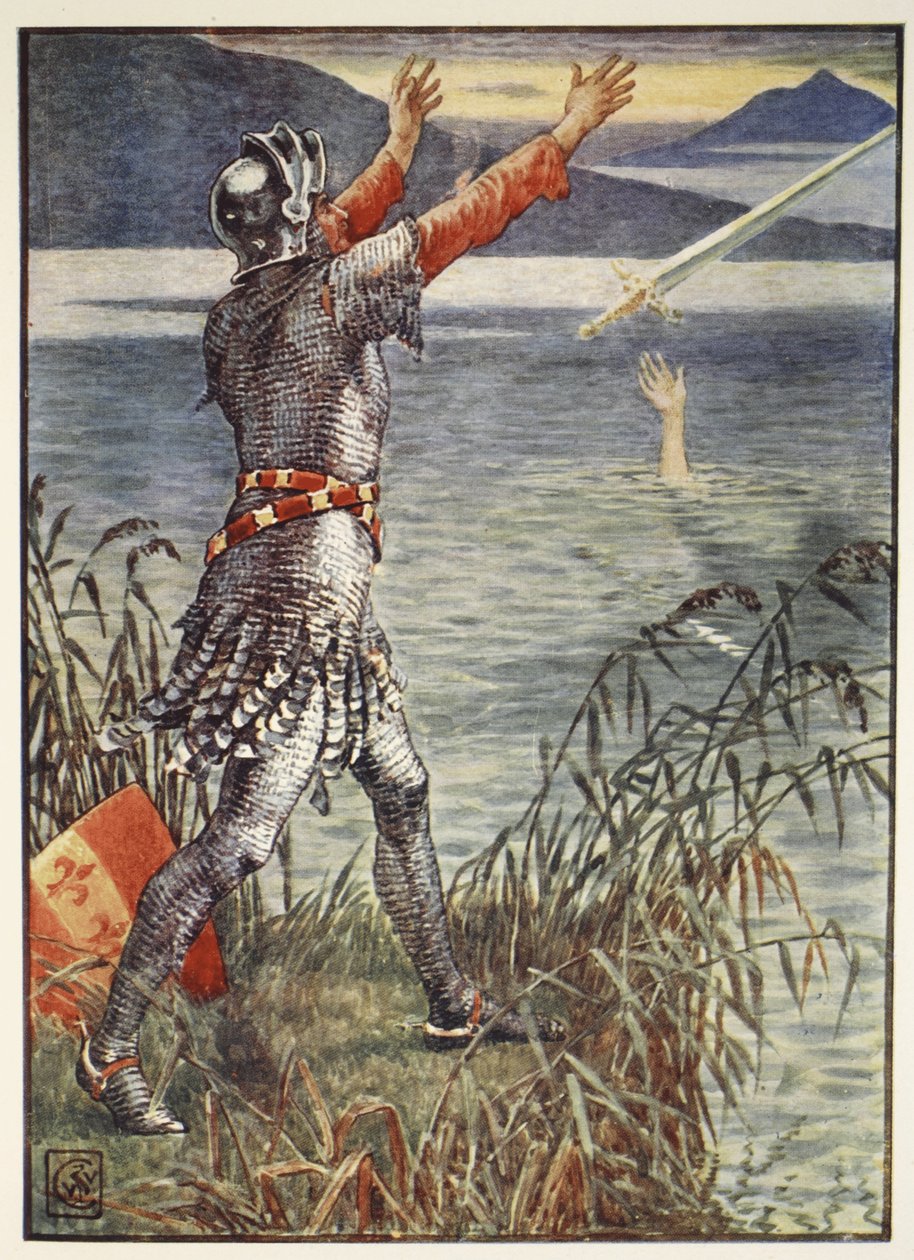 Sir Bedivere kastar svärdet Excalibur i sjön, från "Stories of the Knights of the Round Table" av Henry Gilbert, första upplagan, 1911 av Walter Crane