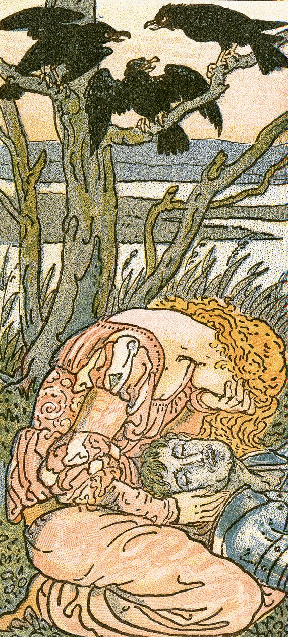 Sorrowful Maiden, från "The Three Ravens", sångillustration från "Pan-Pipes", A Book of Old Songs, Newly Arranged and with Accompaniments by Theo. Marzials, utgiven i London av George Routledge und. av Walter Crane