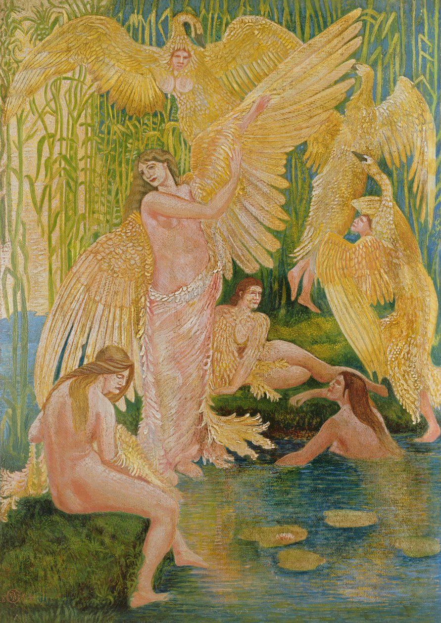 The Swan Maidens, 1894 (olja och blandmaterial på papper) av Walter Crane