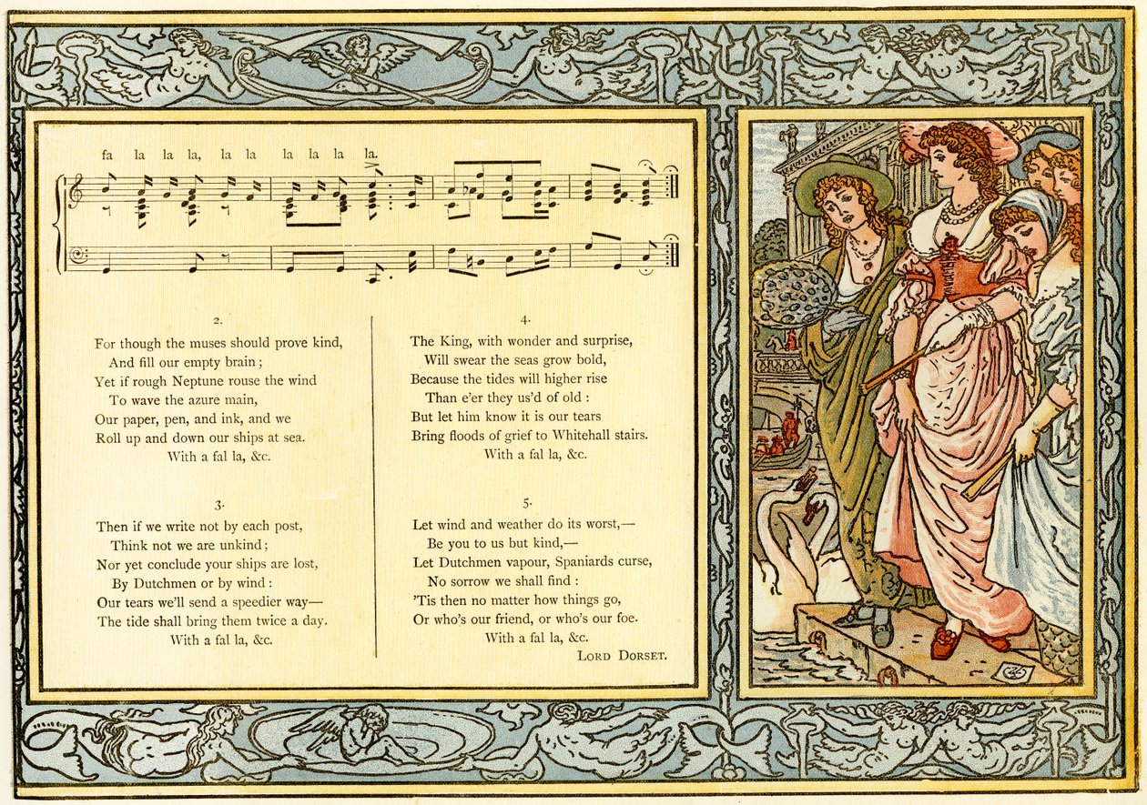 "To All You Ladies now on land, we men at sea indite", sångillustration från "Pan-Pipes", A Book of Old Songs, Newly Arranged and with Accompaniments by Theo. Marzials, utgiven i London av George av Walter Crane