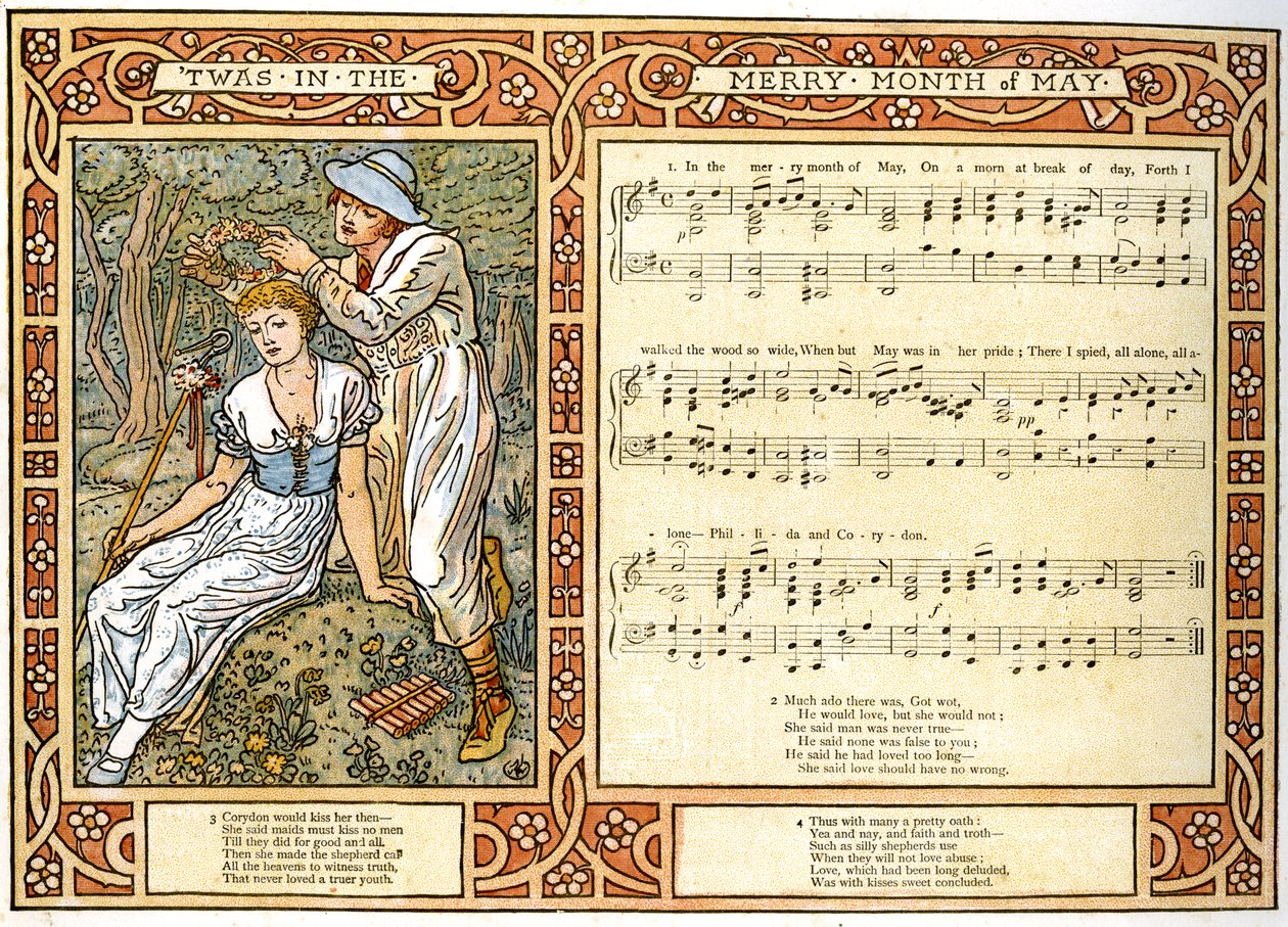 "Twas in the Merry Month of May", Corydon sätter en blomsterkrans på Phillidas huvud, sångillustration från "Pan-Pipes", A Book of Old Songs, Newly Arranged and with Accompaniments by Theo. av Walter Crane