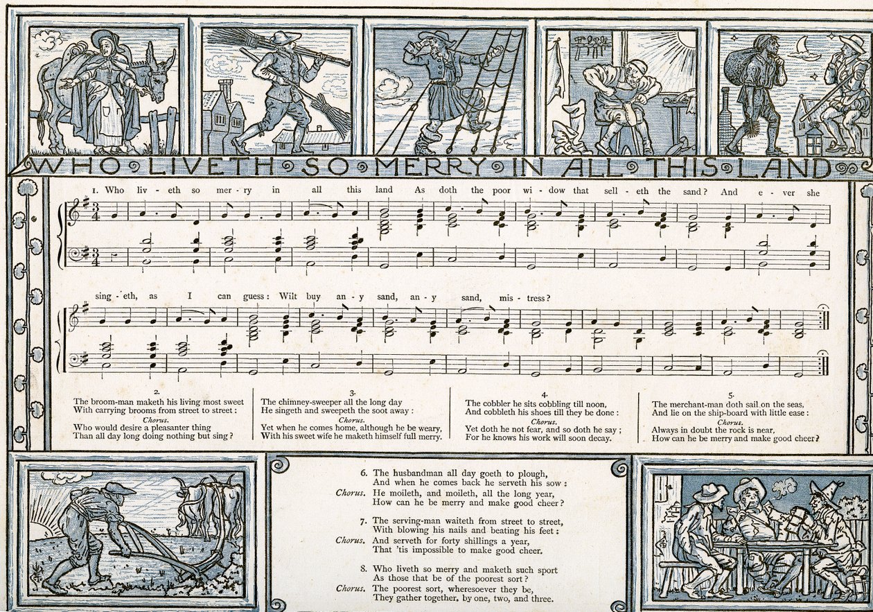 "Who Liveth So Merry in all this Land", sångillustration från "Pan-Pipes", A Book of Old Songs, Newly Arranged and with Accompaniments by Theo. Marzials, utgiven i London av George Routledge und So av Walter Crane