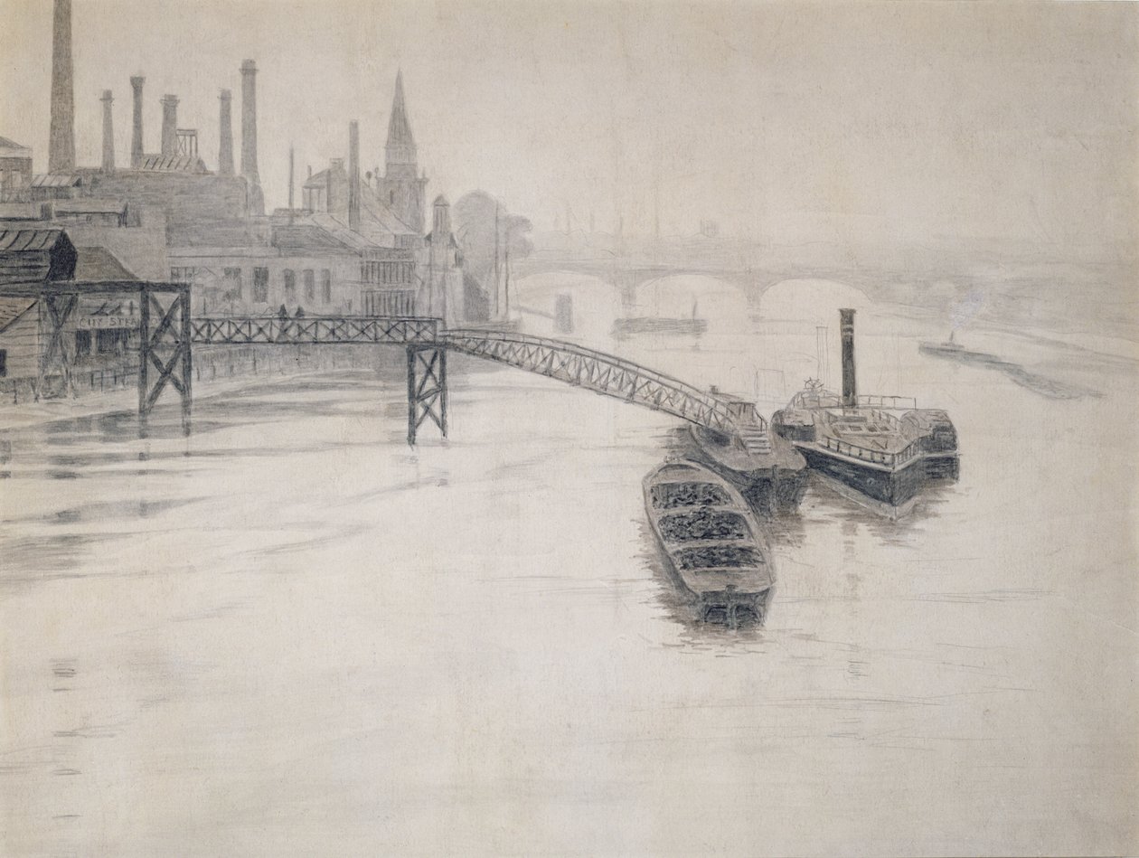 Utsikt över Themsen, City Stream Company Jetty, Battersea Power Station av Walter Greaves