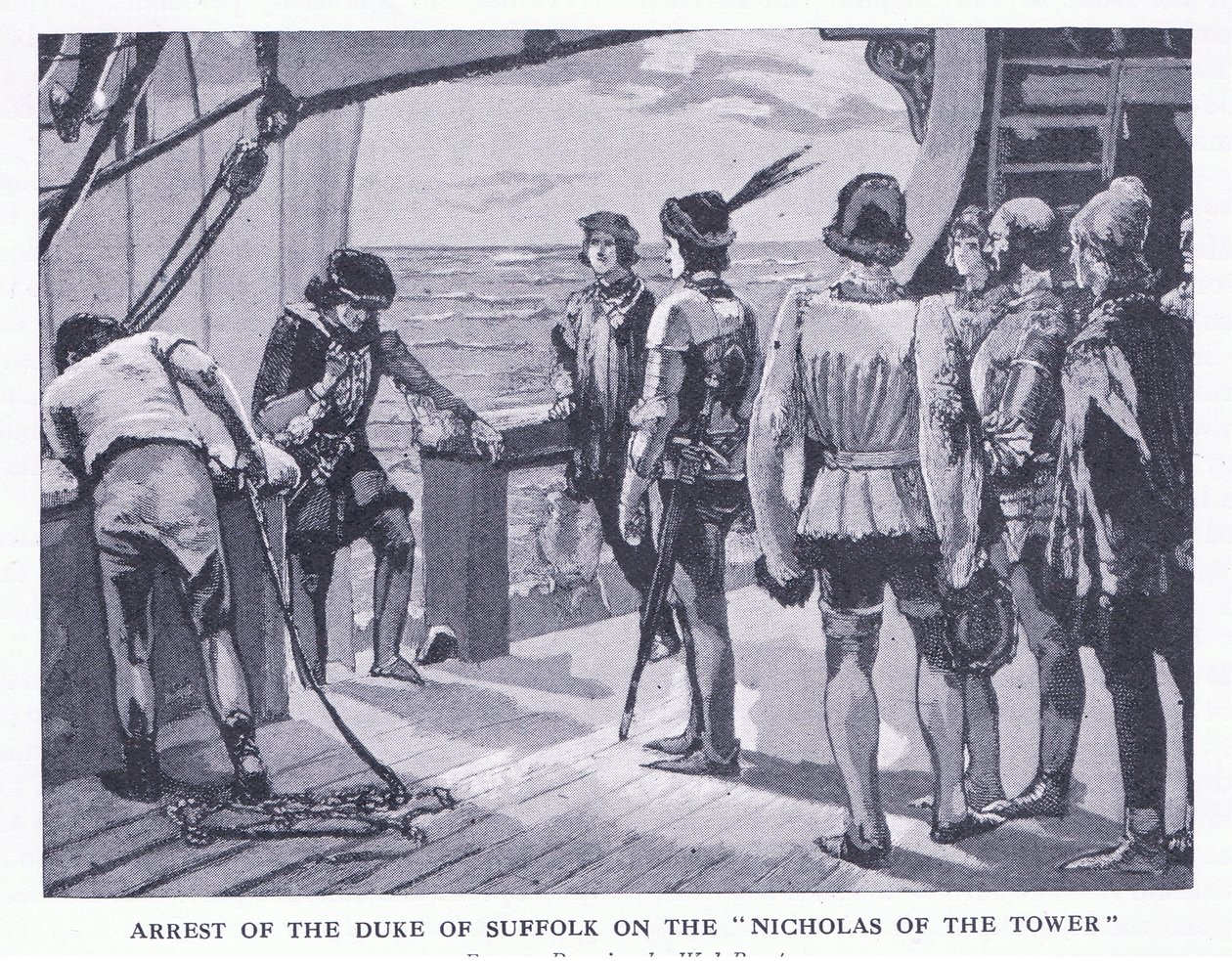 Arrestering av hertigen av Suffolk på Nicholas of the Tower, från Cassells History of the British People utgiven av Waverley Book Company Limited, ca 1940. av Walter Paget