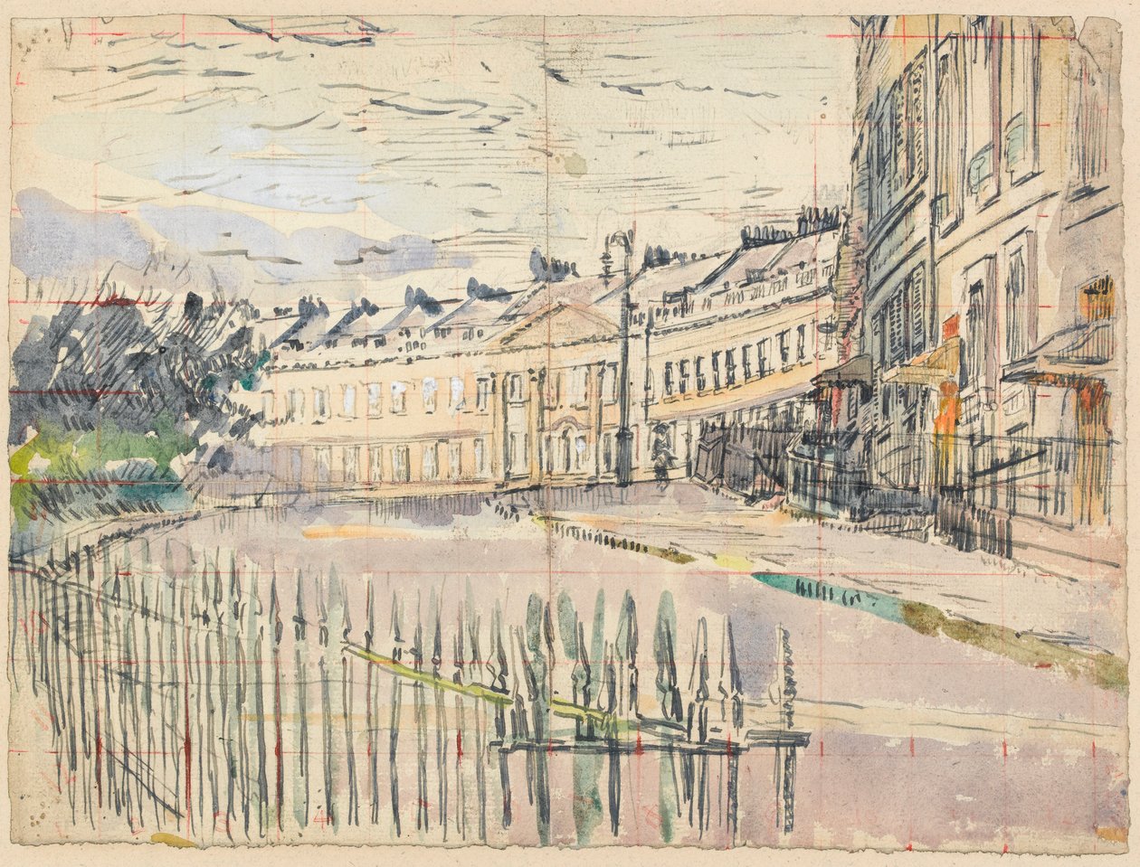 En vy av Lansdown Crescent, Bath (penna och bläck med wc över grafit på papper) av Walter Richard Sickert