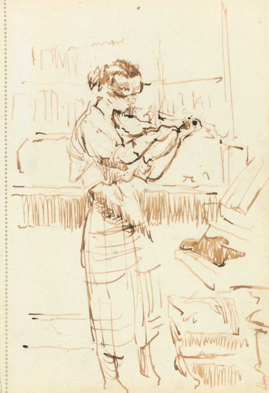 Flicka som spelar fiol (penna och brunt bläck på papper) av Walter Richard Sickert