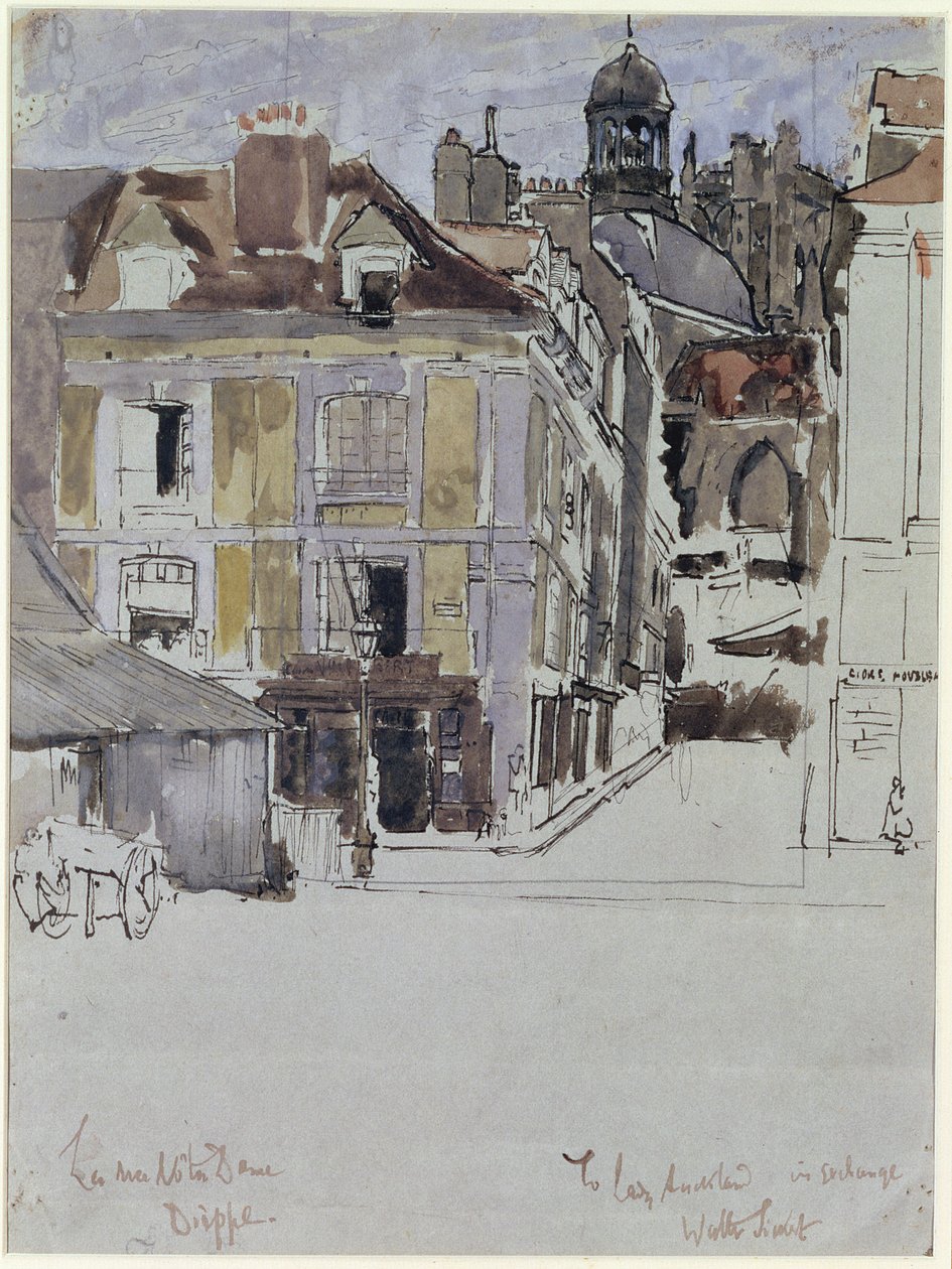 La Rue Notre Dame, Dieppe, med Quai Duquesne i förgrunden, ca 1899 (wc över penna och bläck på papper) av Walter Richard Sickert