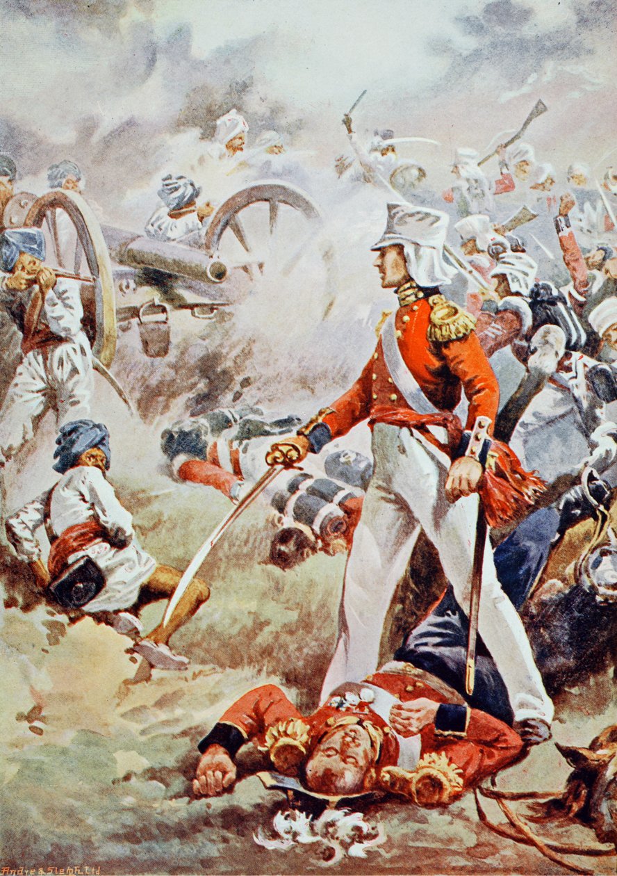 Pennycuick dödades: hans tappera son, en ren pojke, sprang fram och hyllade sin fars kropp, illustration från "Battles of the Nineteenth Century" av Archibald Forbes, G.A. Henty och major Arthu av Walter Stanley Paget