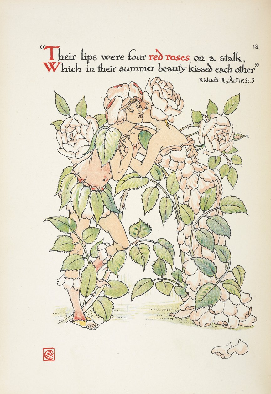 Två figurer som kysser klädda som rosor av Walter Crane