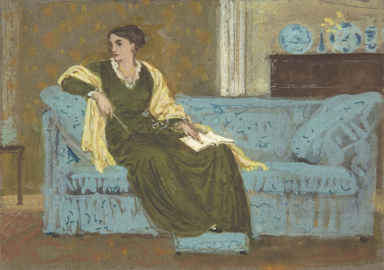 Kvinna som sitter på en soffa, 1865-1915. av Walter Crane