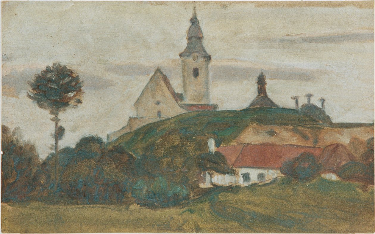 Landskap med kyrka och by av Walther Gamerith
