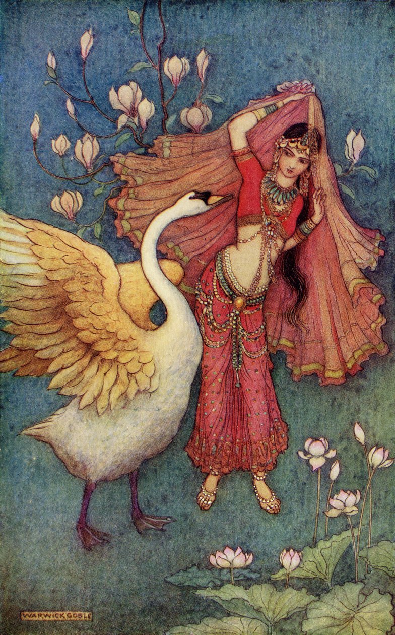 Damayanti och svanen, illustration från "Indian Myth and Legend" av Donald A. Mackenzie, publicerad 1913. av Warwick Goble