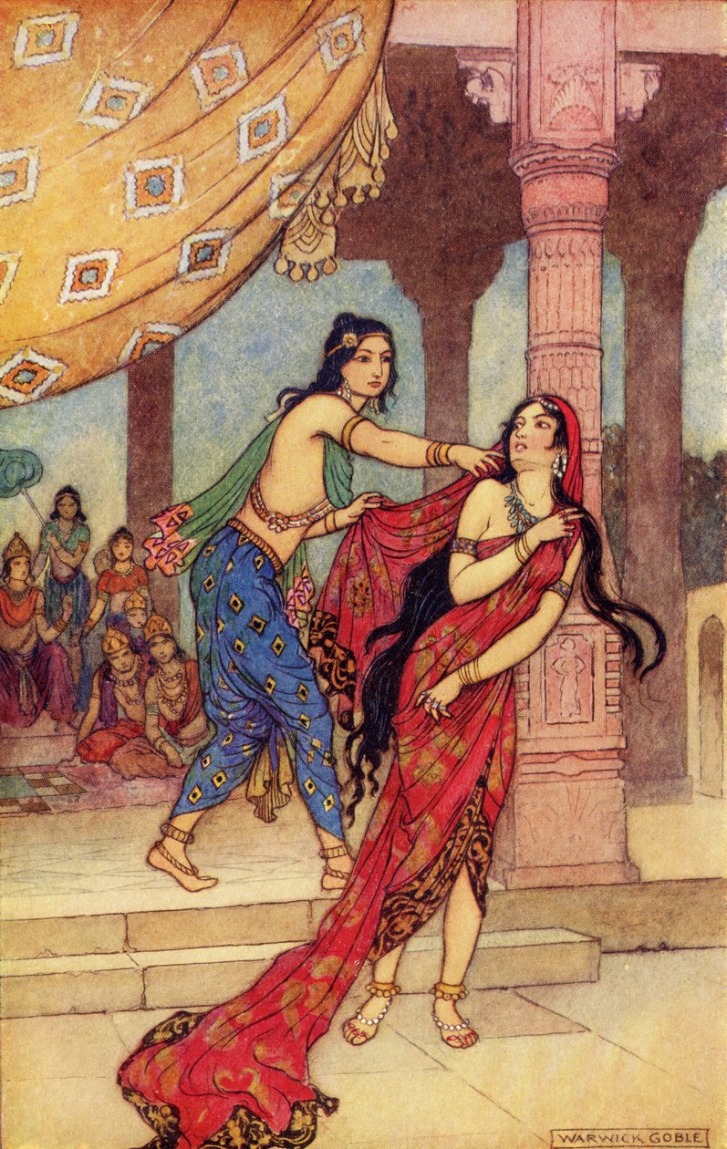 The Ordeal of Queen Draupadi, illustration från "Indian Myth and Legend" av Donald A. Mackenzie, publicerad 1913 av Warwick Goble