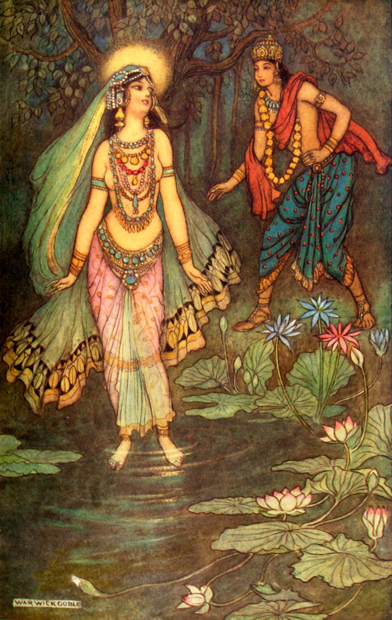 "Shantanu möter gudinnan Ganga", 1913. av Warwick Goble