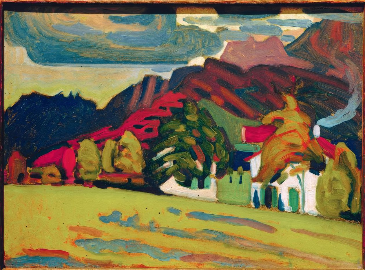 Grupp av hus framför bergen av Wassily Kandinsky