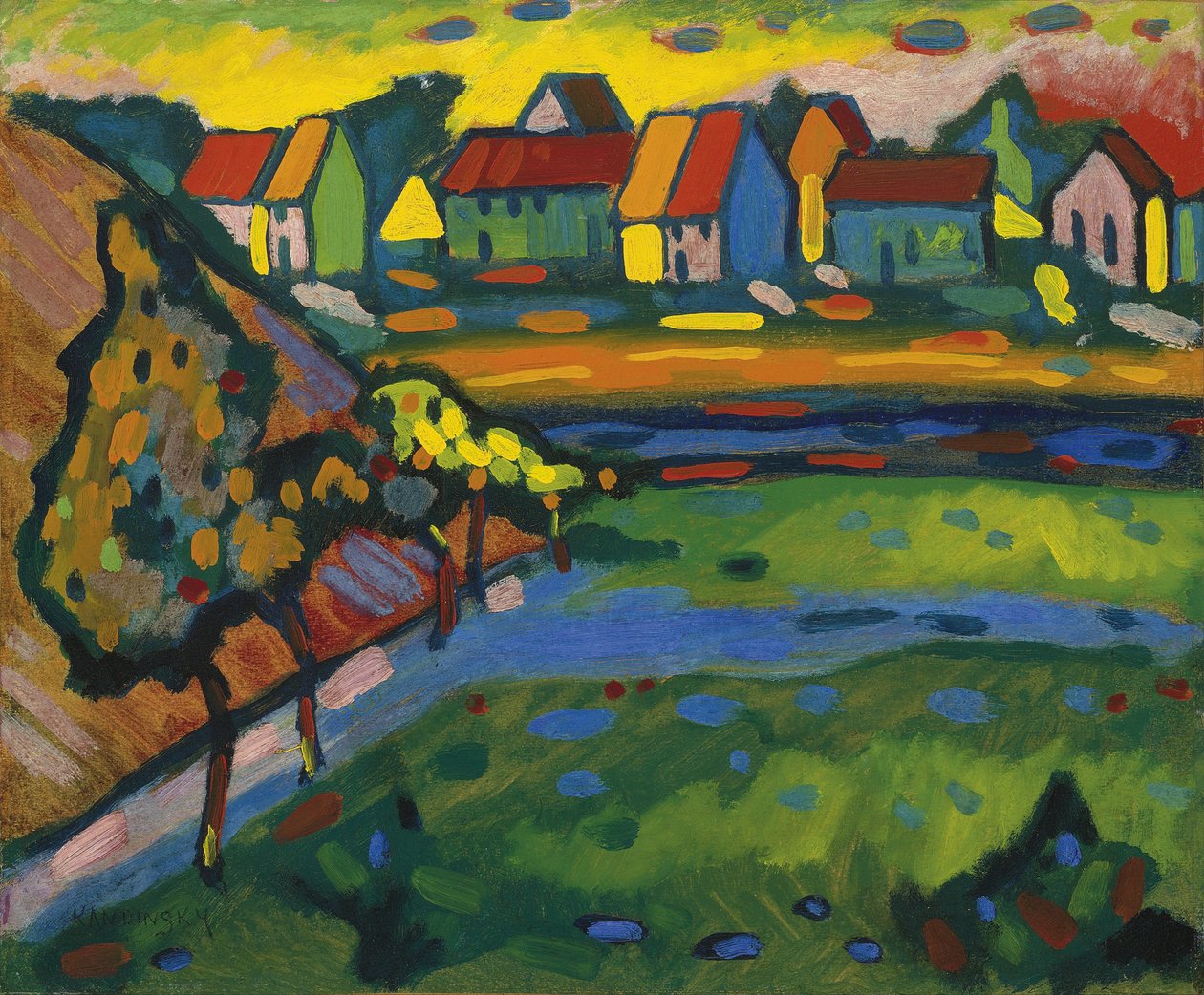 Bayersk by med ett fält, ca. 1908 av Wassily Kandinsky