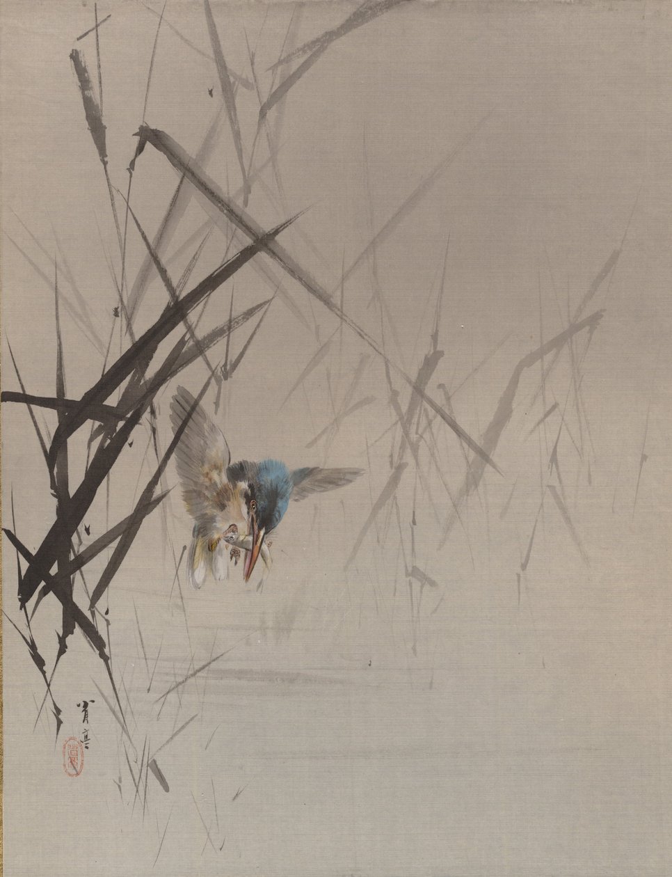 Fågelfångande fisk bland vass, ca. 1887. av Watanabe Seitei