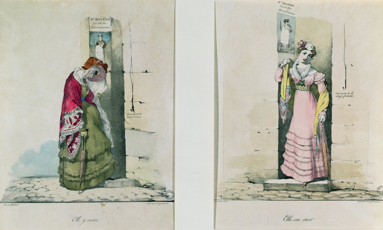 En kvinna som går in och lämnar en abortklinik, graverad av Godefroy Engelmann (1788-1839) av Wattier