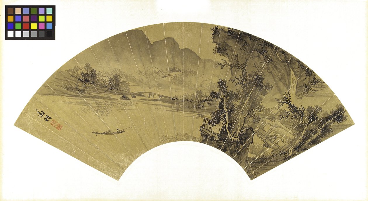 Landskap med sjö, bro och fiskare (bläck på guldpapper) av Wen Zhengming