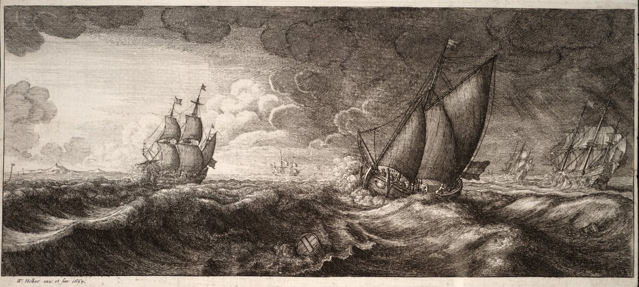 A yacht and three warships in a storm. State 1 av Wenceslaus Hollar