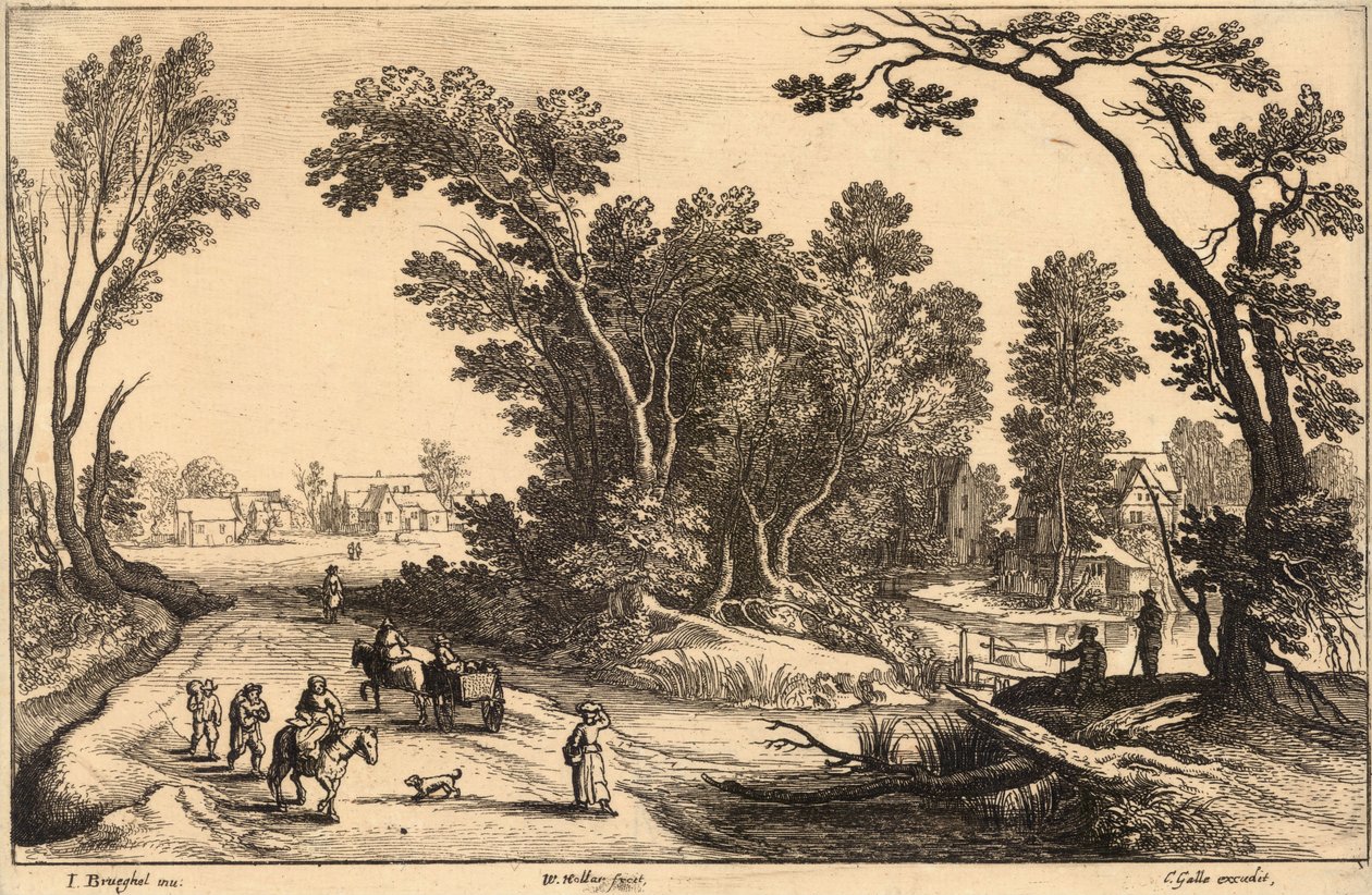 På väg till marknaden (Brueghel). Stat 2 av Wenceslaus Hollar