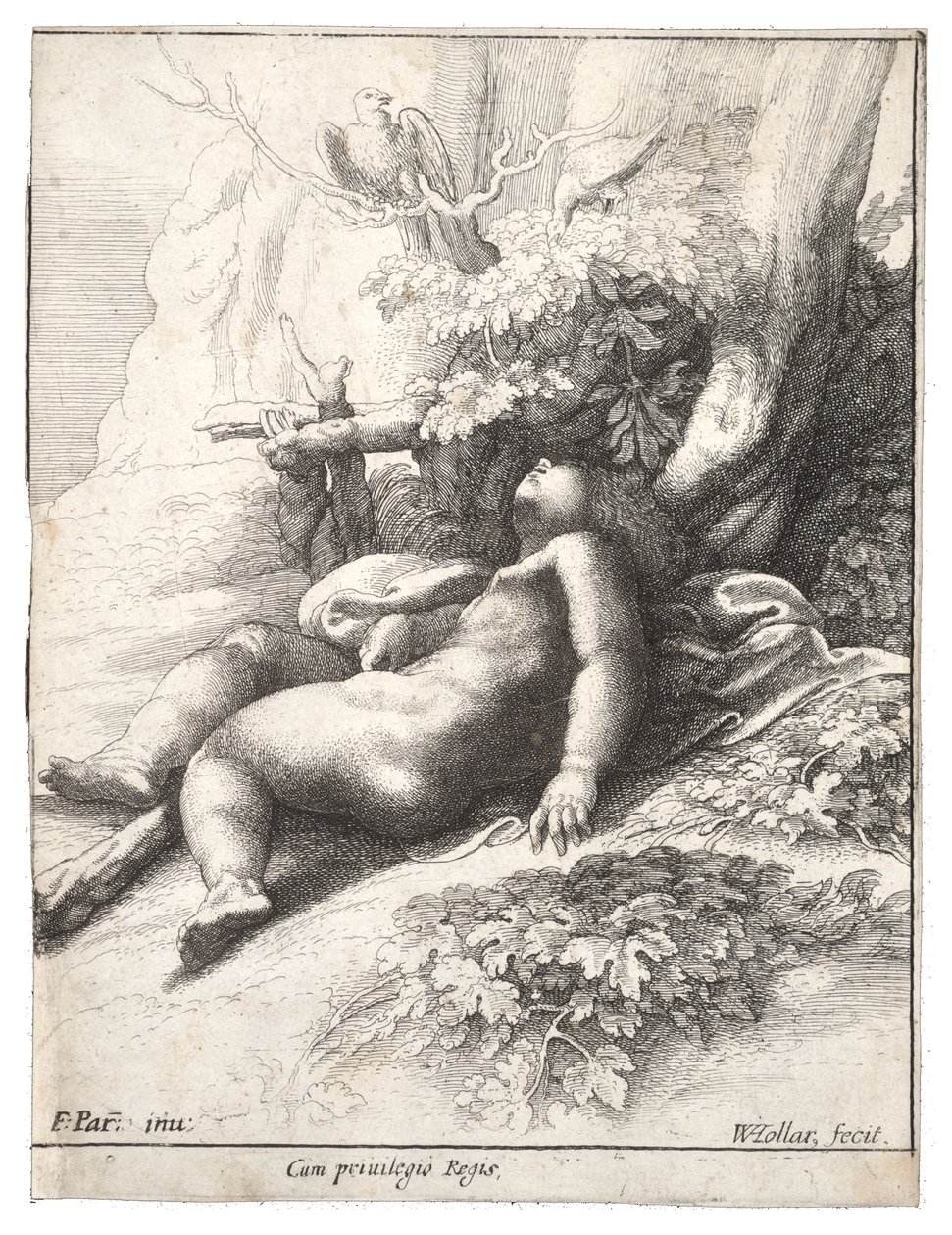 Infant Hercules asleep, after Parmegiano. State 4 av Wenceslaus Hollar