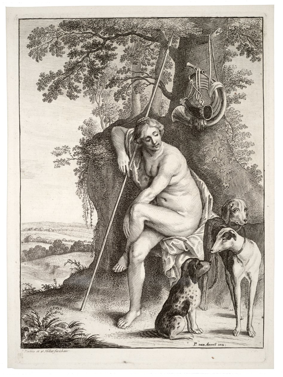 Seated huntress, after Avont. State 3 av Wenceslaus Hollar