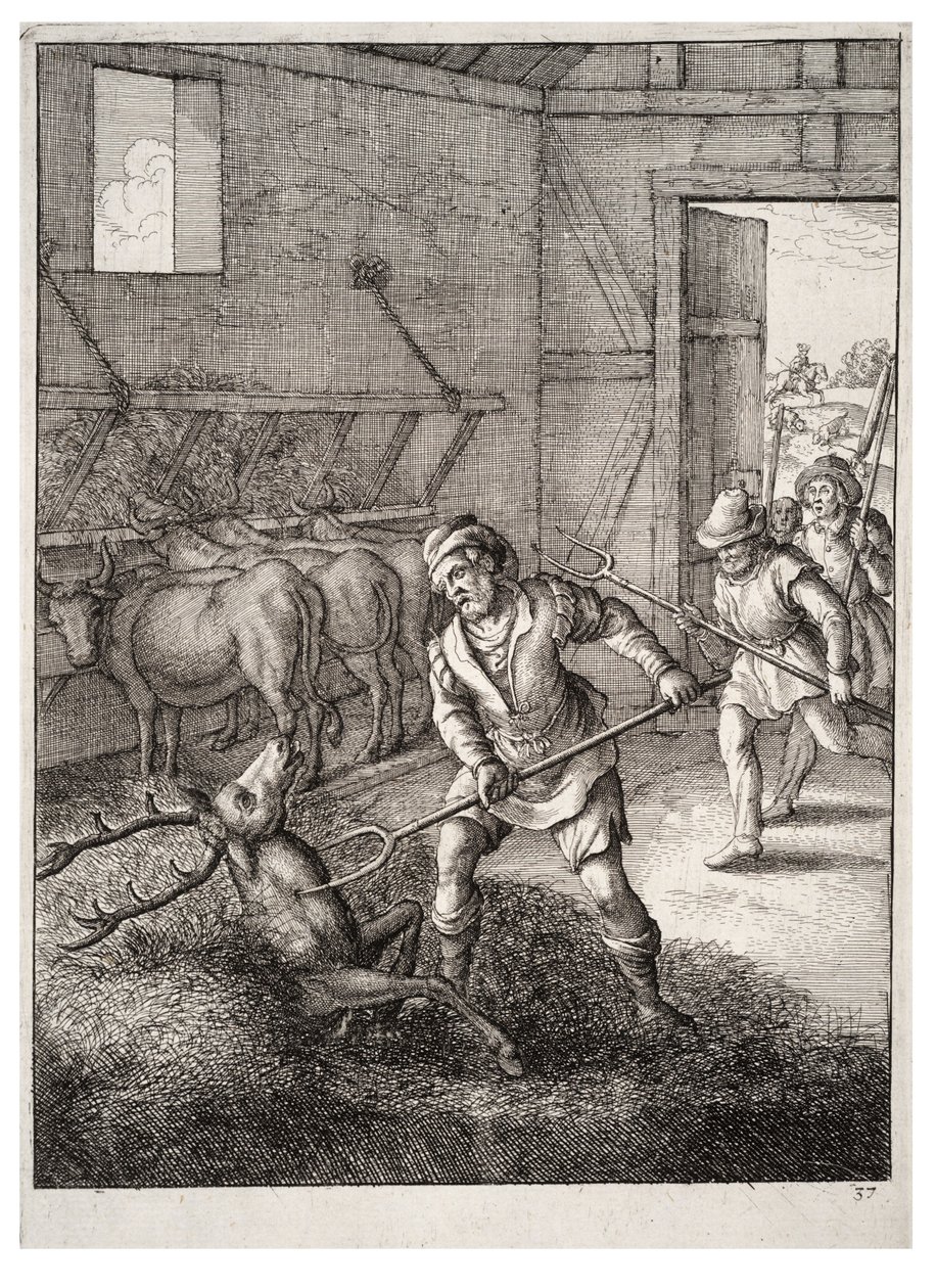 The stag in the cowshed av Wenceslaus Hollar