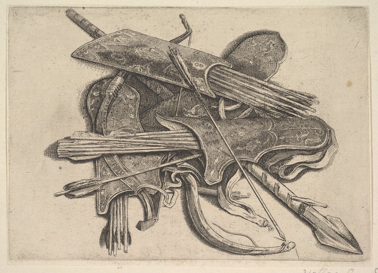 Pilbågar, koger och ett spjut, 1625-77. av Wenceslaus Hollar