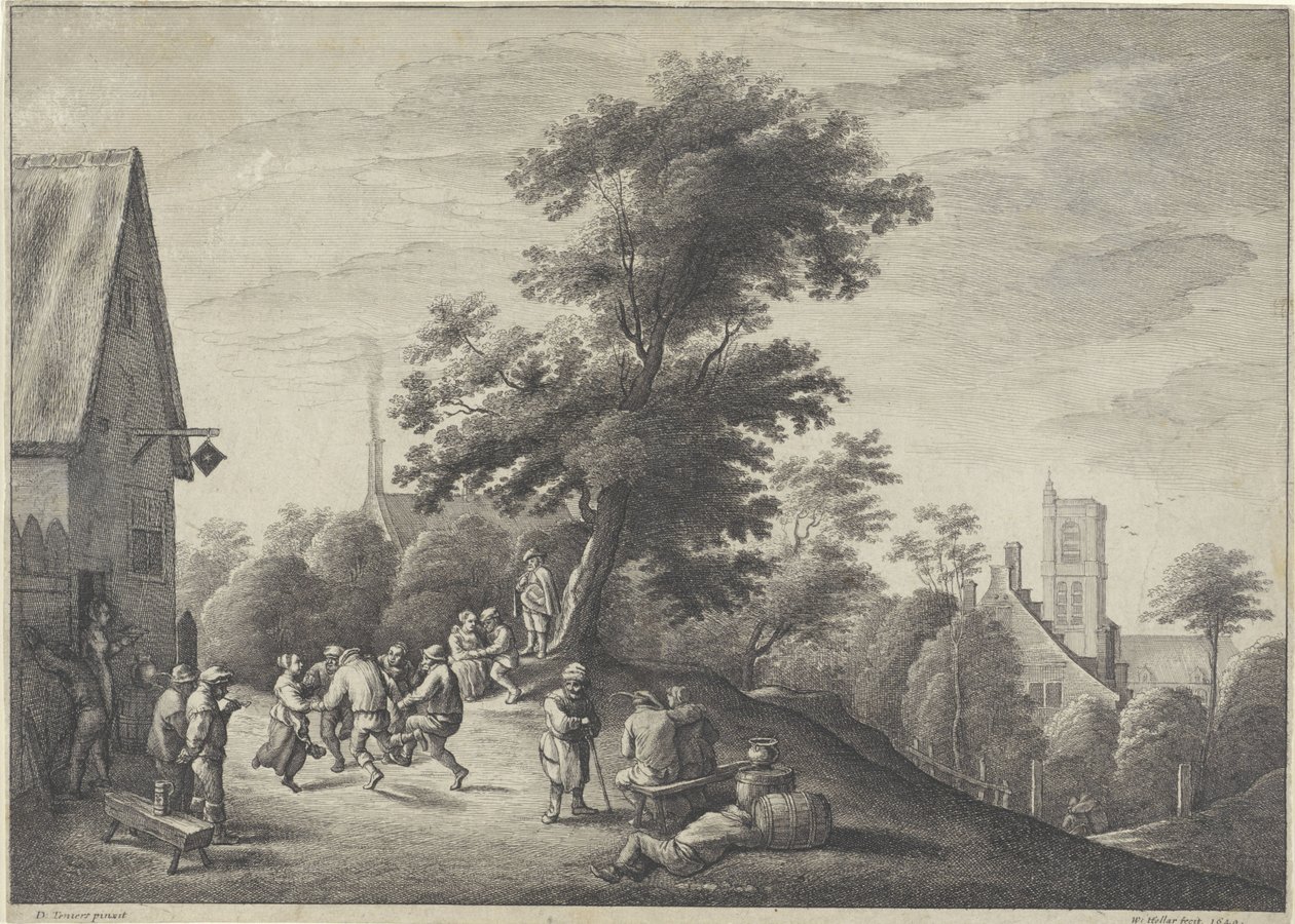 Dansande bönder framför ett värdshus av Wenceslaus Hollar
