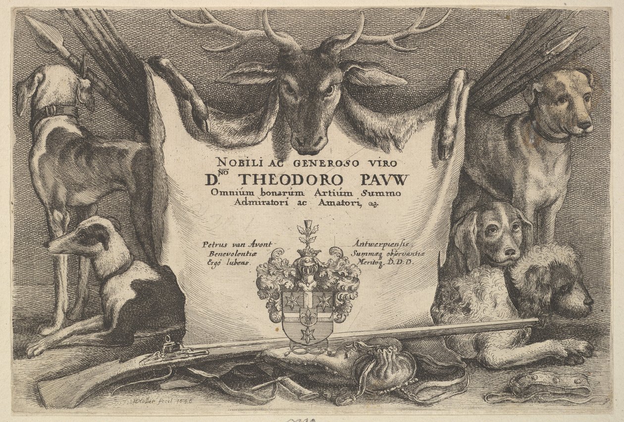 Titelblad med hundar och jaktutrustning, 1646. av Wenceslaus Hollar