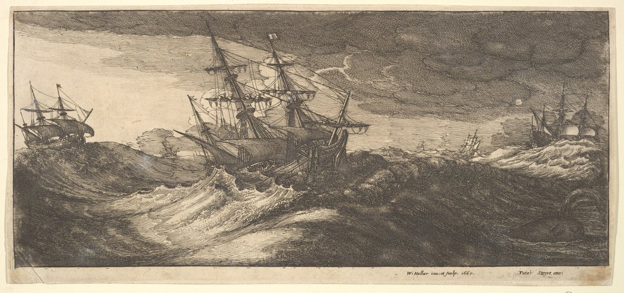 Krigsskepp och en sprutande val, 1665. av Wenceslaus Hollar