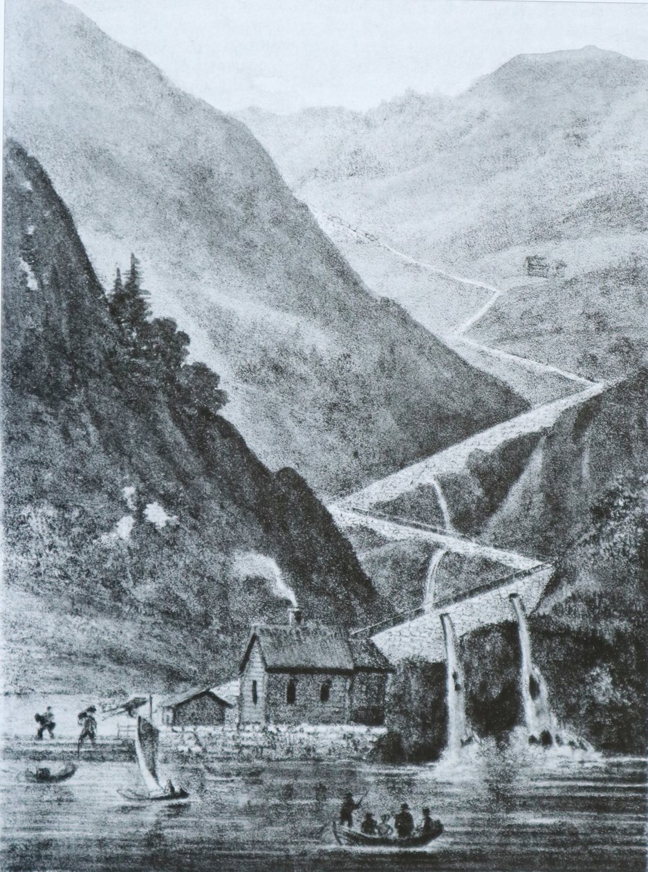 Western Highway East från Fedafjorden, Pipe Wickle. Litografi av Peter Frederik Wergmann