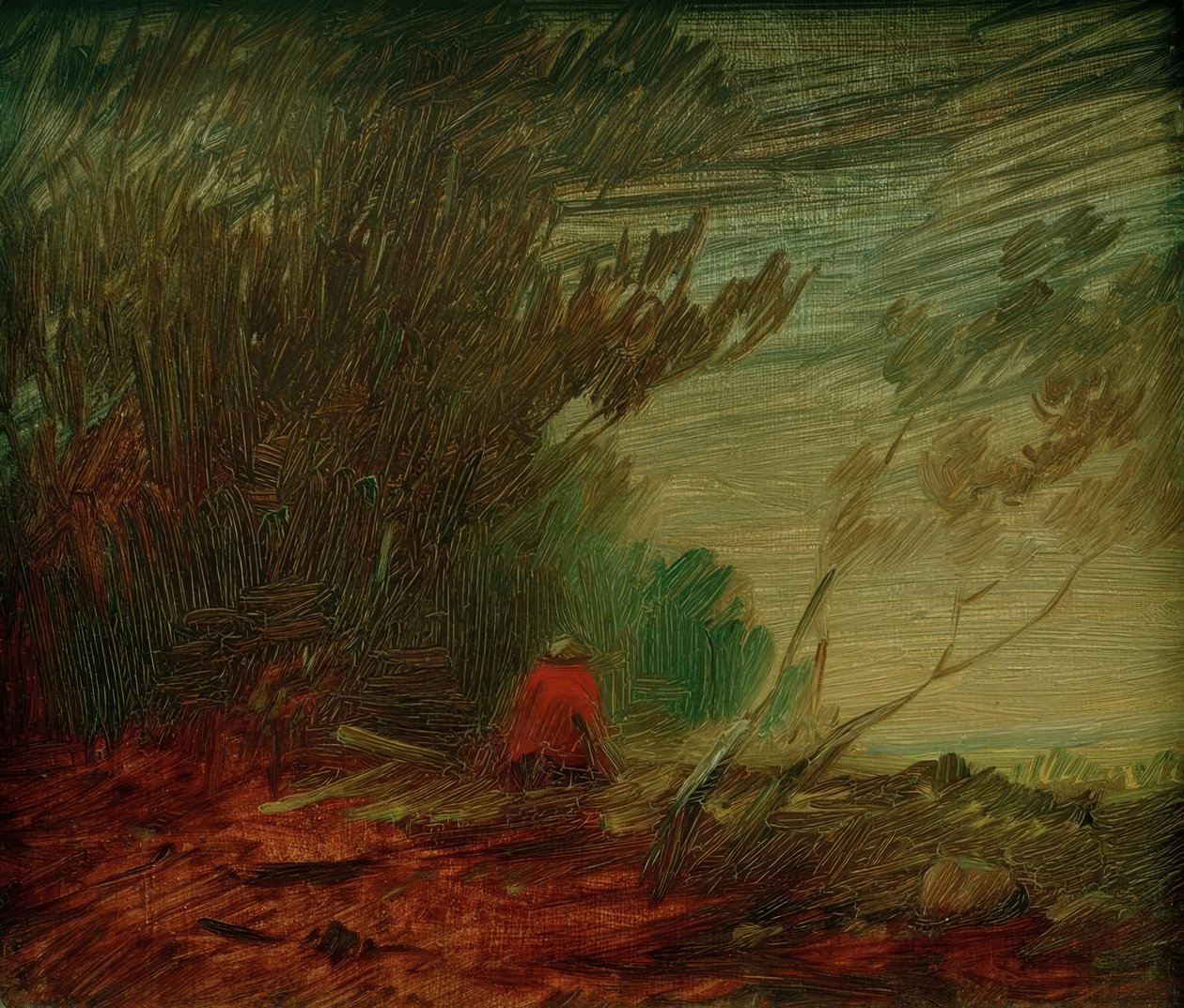 Höstkant av skogen med en sittande röd jacka av Wilhelm Busch