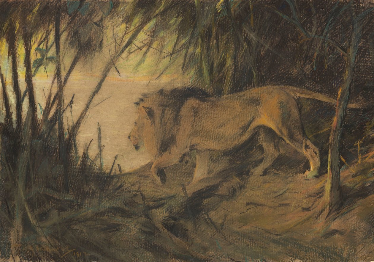Lejon, drar till floden av Wilhelm Kuhnert