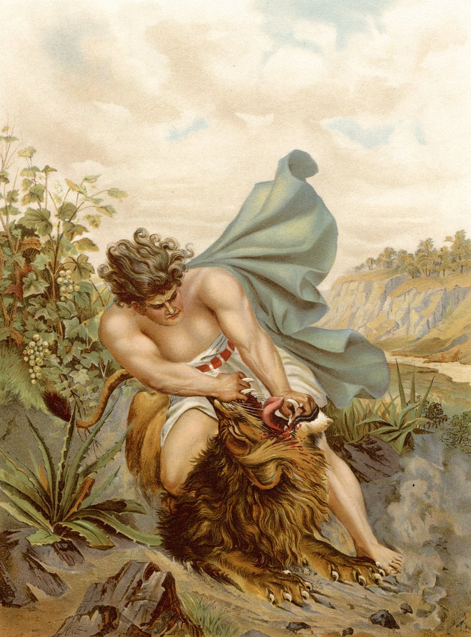 Simson dödar lejonet (färg litho) av Wilhelm Ebbinghaus