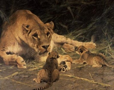 En lejoninna och hennes ungar av Wilhelm Kuhnert