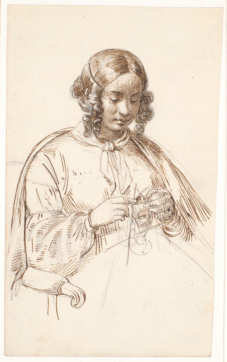 Ung stickande dam, halvfigur av Wilhelm Marstrand