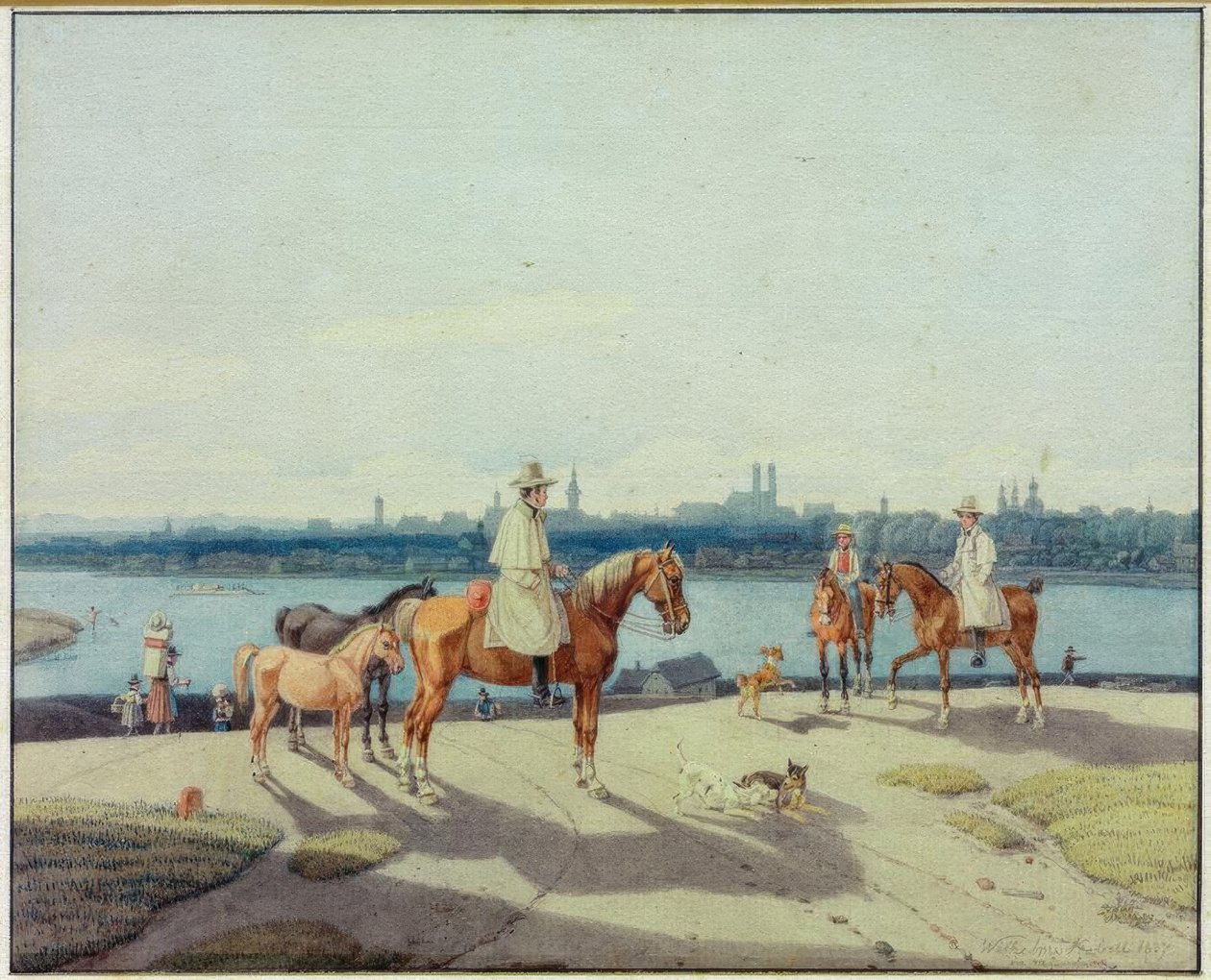 Ryttare på Isars strand framför München av Wilhelm von Kobell