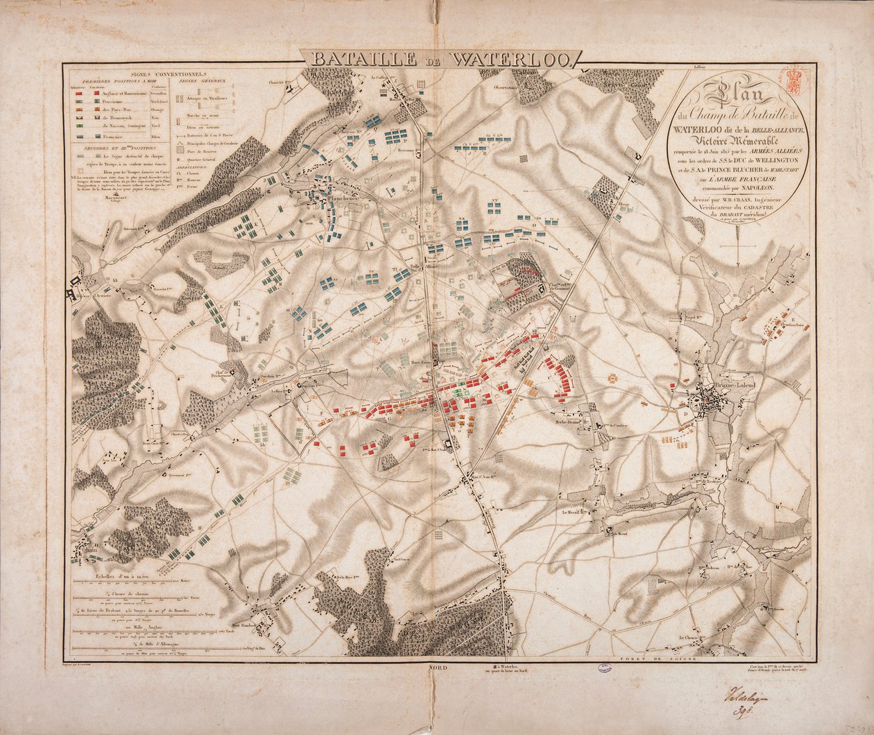 Slaget vid Waterloo, karta över slagfältet, graverad av Jacowick, 1816 av Willem Benjamin Craan