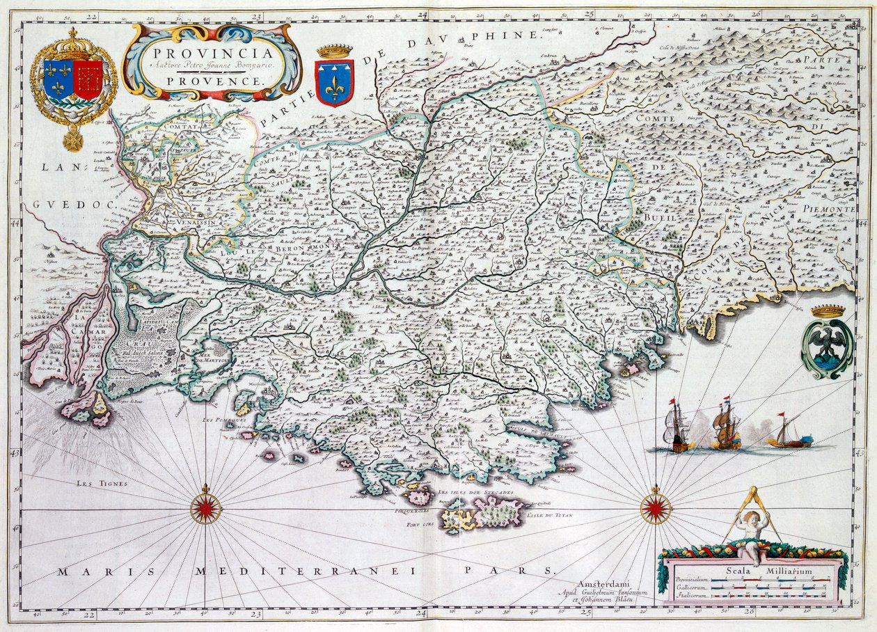 Karta över "Provincia" eller Provence, nu en del av södra Frankrike, 1638 (handkolorerad gravyr) av Willem Janszoon Blaeu
