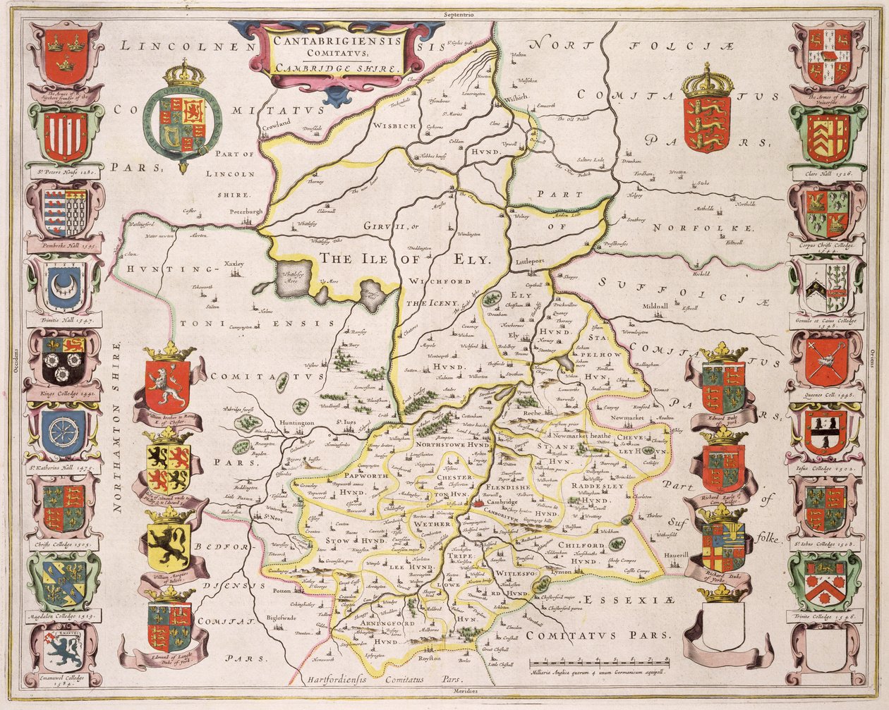 Karta över Cambridgeshire, publicerad Amsterdam c.1647-48 (handfärgad gravyr) av Joan Blaeu