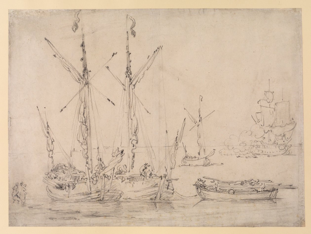 Flodmynningsscen: tre gallioter, en pråm och en fregatt som avfyrar en salut, ca 1675 (grafit på papper) av Willem van de Velde