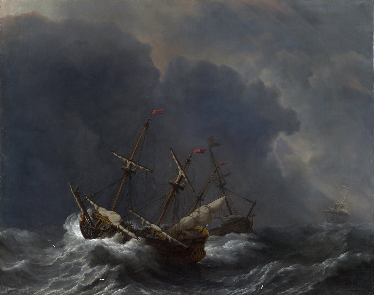 Tre skepp i en storm av Willem van de Velde the Younger