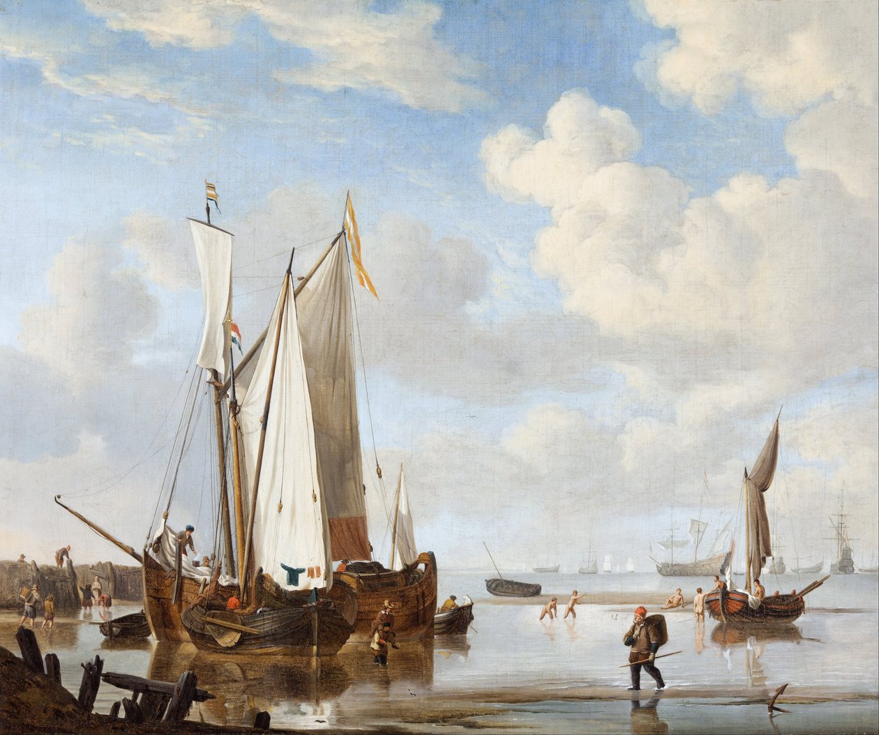 A wijdschip and a kaag in an inlet close to a sea-wall  av Willem Velde Younger and the de van workshop