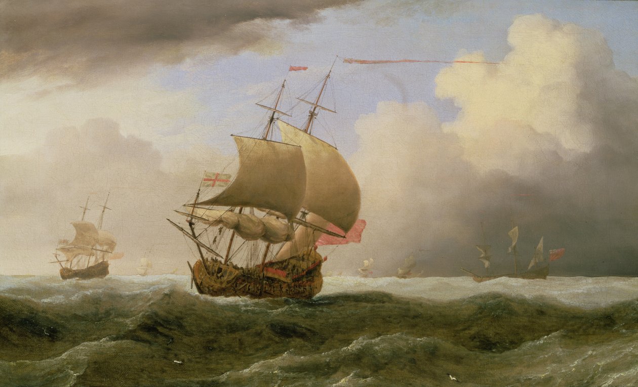 Ett engelskt fartyg nära-hauled i en stark bris (olja) av Willem van de Velde the Younger